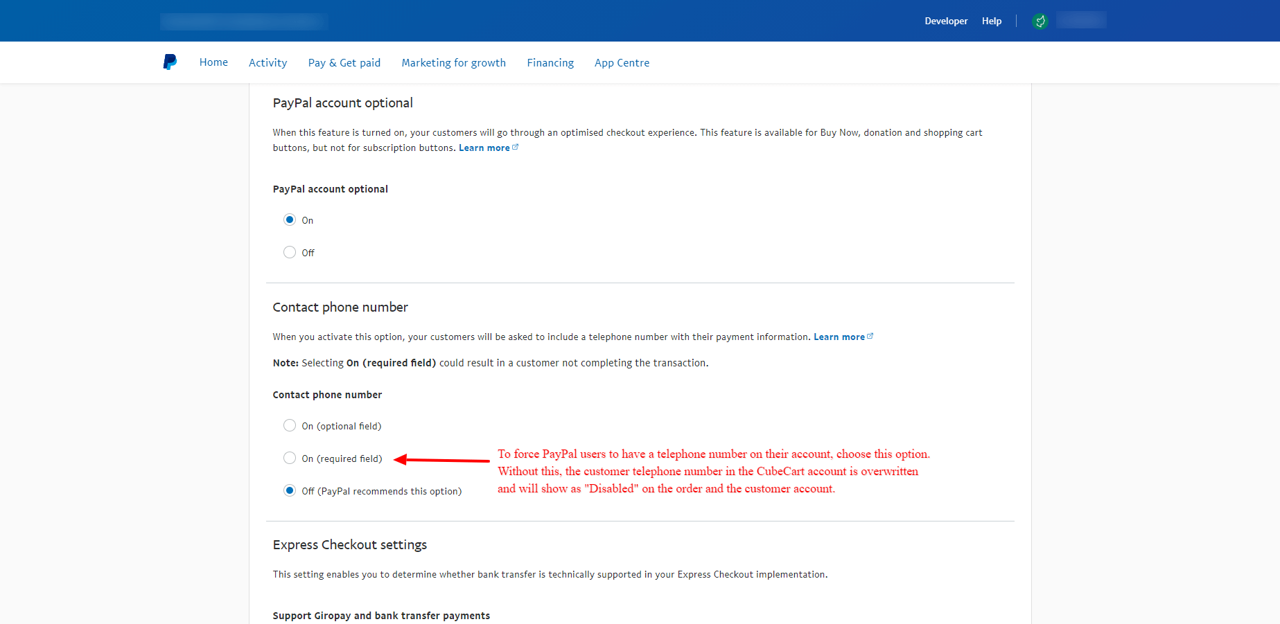 PayPal Telephone Number Settings
