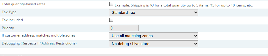 CubeCart All In One Shipping module settings showing the setting for what happens when a customer address matches multiple zones, with the debugging dropdown below it