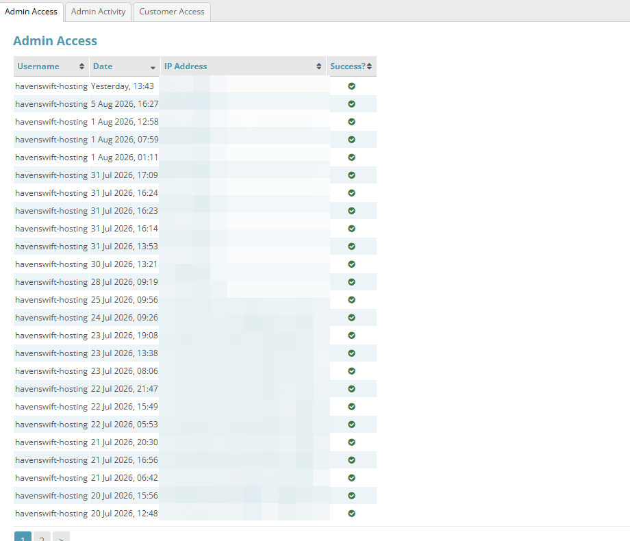 CubeCart admin access log showing username, date and whether each login succeeded