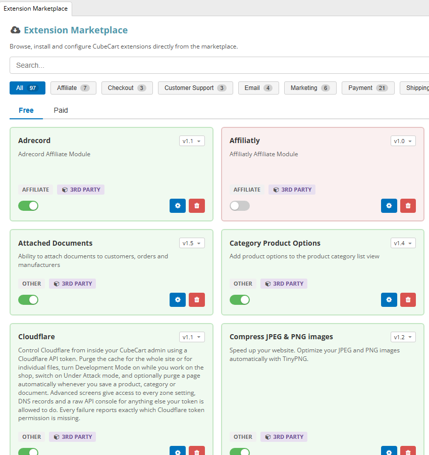 CubeCart Extension Marketplace showing extension cards with enable toggles and version selectors
