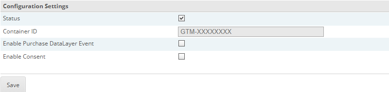 CubeCart Google Tag Manager Container plugin settings showing four options: status, container ID, enable purchase dataLayer event and enable consent
