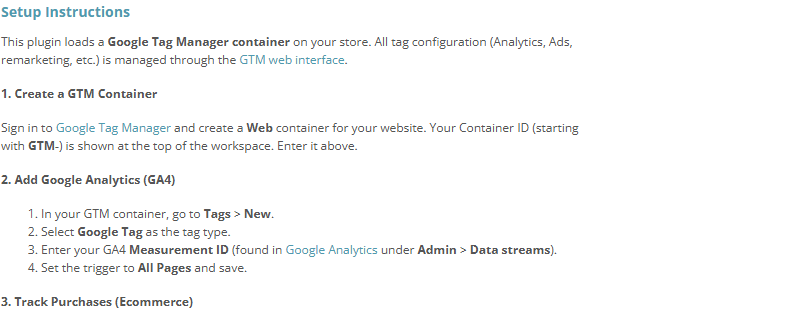 CubeCart Google Tag Manager plugin admin screen showing the built-in setup instructions covering creating a container and adding Google Analytics GA4