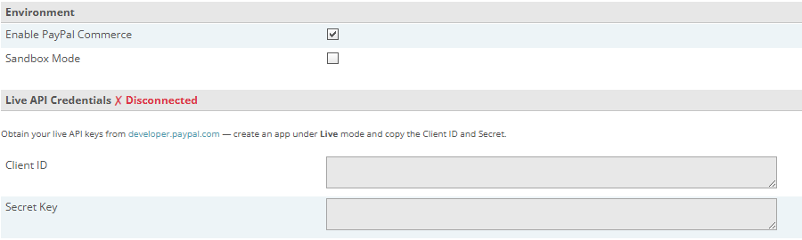 CubeCart PayPal Commerce Platform settings showing the enable and sandbox mode checkboxes above the live API Client ID and Secret Key fields
