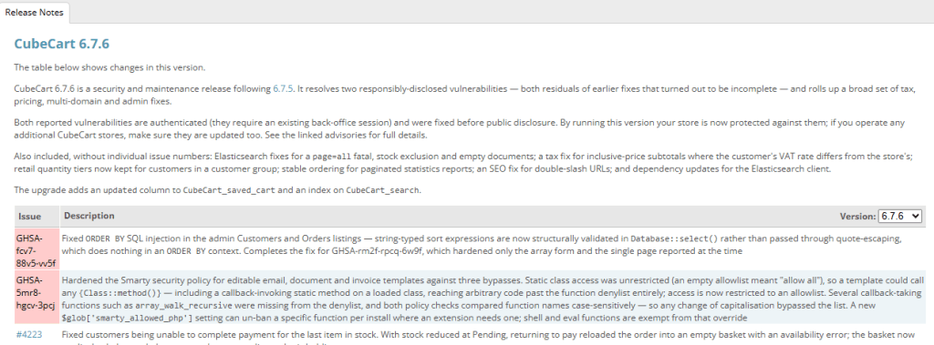 CubeCart 6.7.6 release notes listing two security advisories and the issues fixed