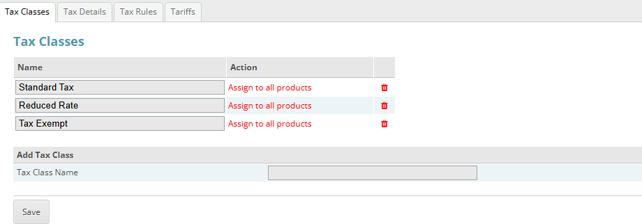 CubeCart admin Tax Classes screen with the Tax Details, Tax Rules and Tariffs tabs