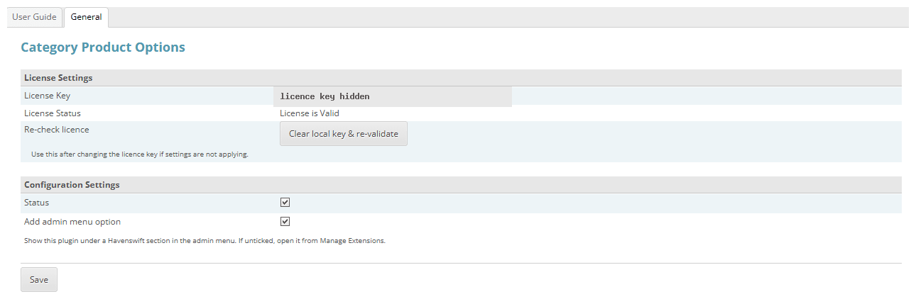 Category Product Options settings in the CubeCart admin
