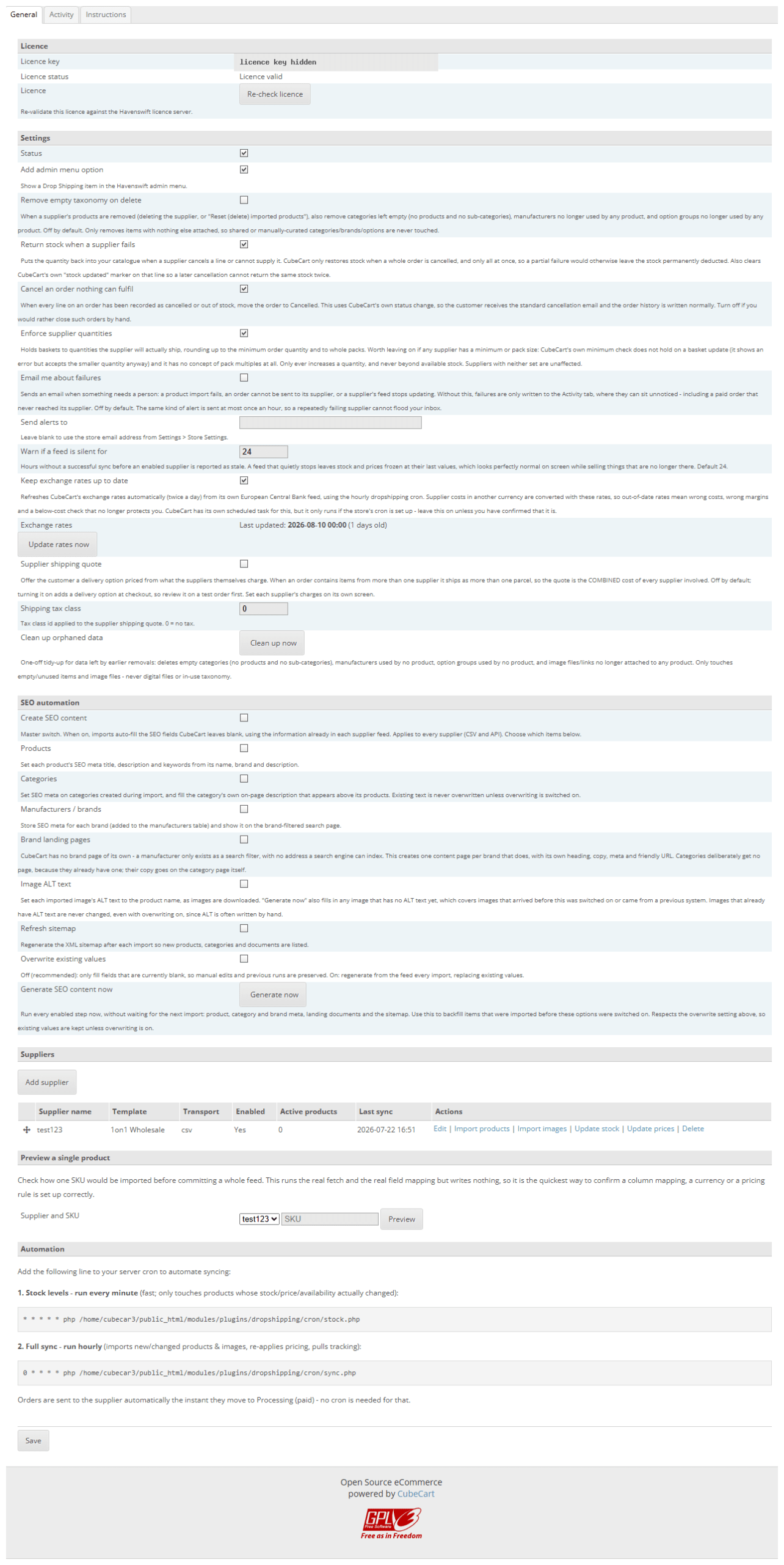 Drop Shipping settings in the CubeCart admin