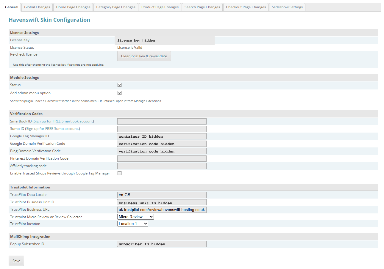 Havenswift Hosting Skin Configuration settings in the CubeCart admin