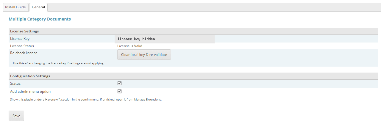 Multiple Category Documents settings in the CubeCart admin