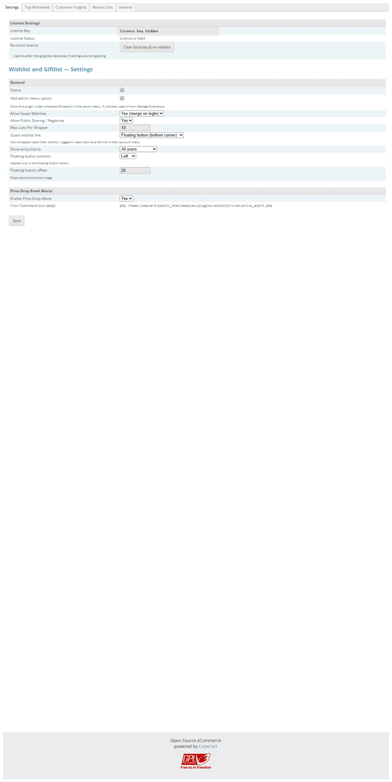 Wishlist and Giftlist: the settings screen in the CubeCart admin