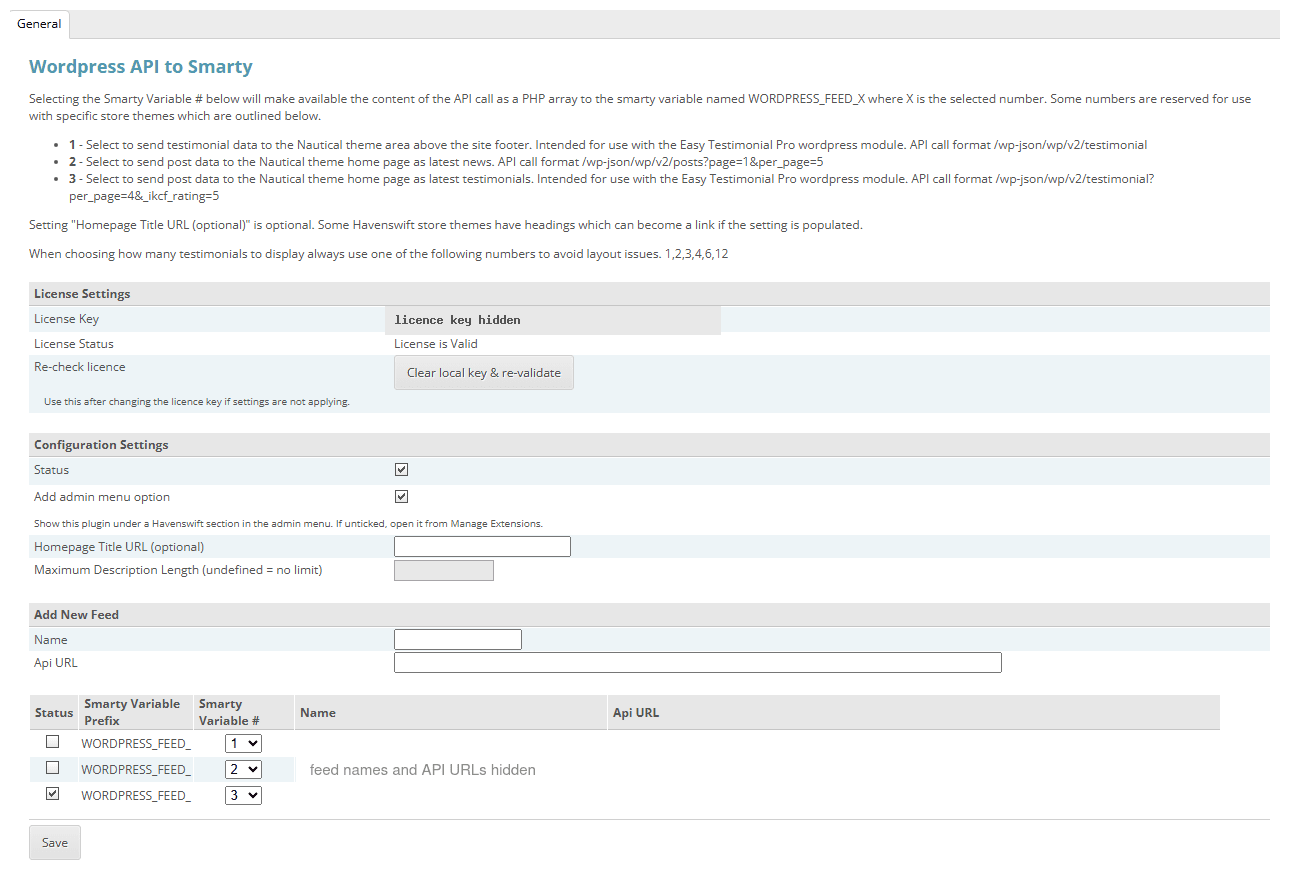 WordPress API to Smarty settings in the CubeCart admin