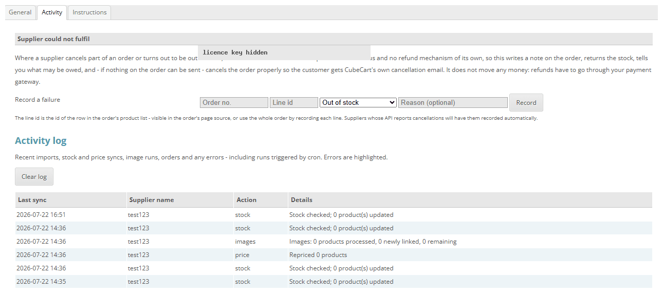 Drop Shipping: the activity log in the CubeCart admin