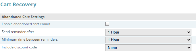 CubeCart Cart Recovery settings with options to enable abandoned cart emails, set the delay before a reminder, the minimum time between reminders and an optional discount code