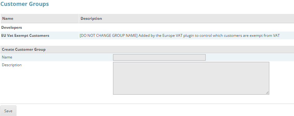 CubeCart Customer Groups tab listing existing groups with a form to create a new group