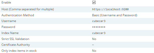 CubeCart Elasticsearch settings showing it enabled, with the host, authentication method, username, index name and SSL validation options
