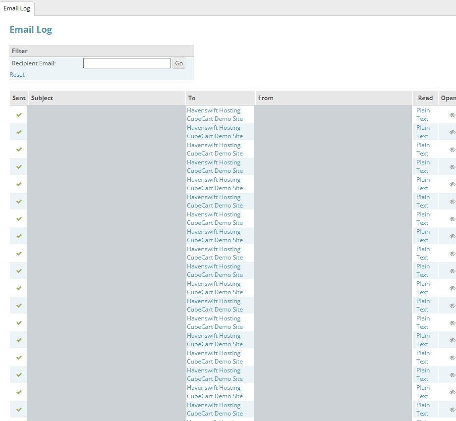 The Email Log in CubeCart admin. Subjects and senders are masked here; what matters is whether the store recorded the message at all