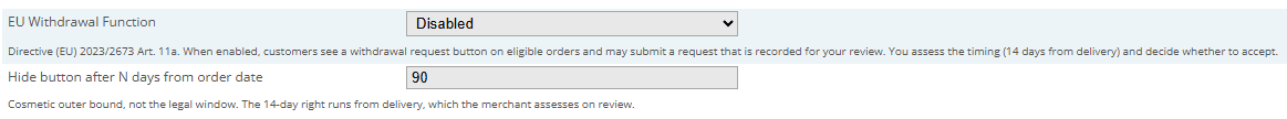 CubeCart EU Withdrawal Function setting with an option to hide the withdrawal button a set number of days after the order date