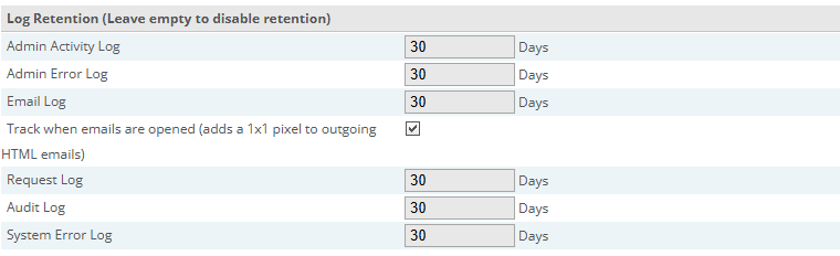 CubeCart log retention settings for the admin activity, admin error, email, request, audit and system error logs, with the option to track when emails are opened