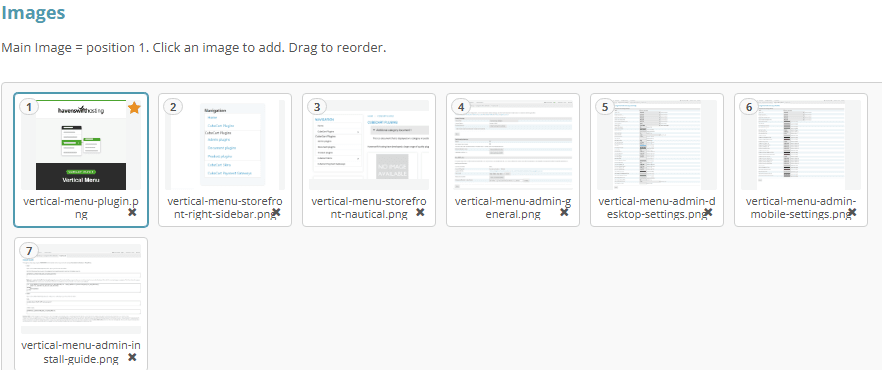 CubeCart product Images tab with the assigned images numbered in order above the file browser