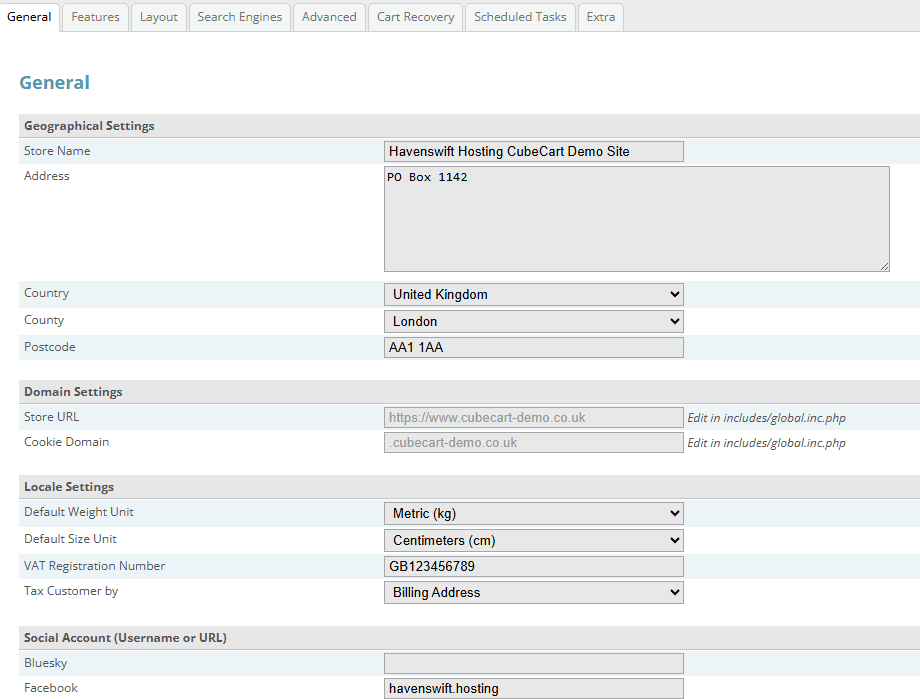 Store Settings, General tab. The Store URL is greyed out because it is set in includes/global.inc.php, which is the file to edit when the domain changes