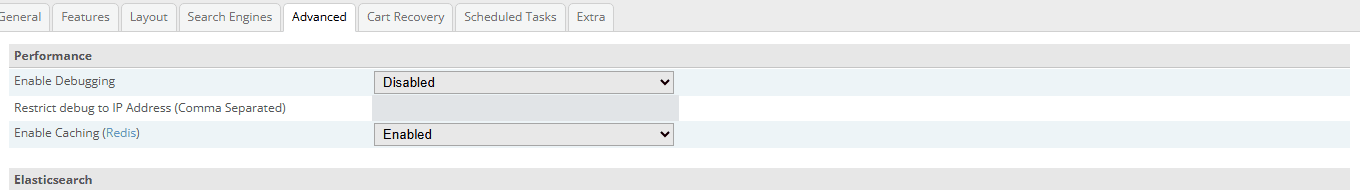 Store Settings, Advanced tab: the caching driver setting