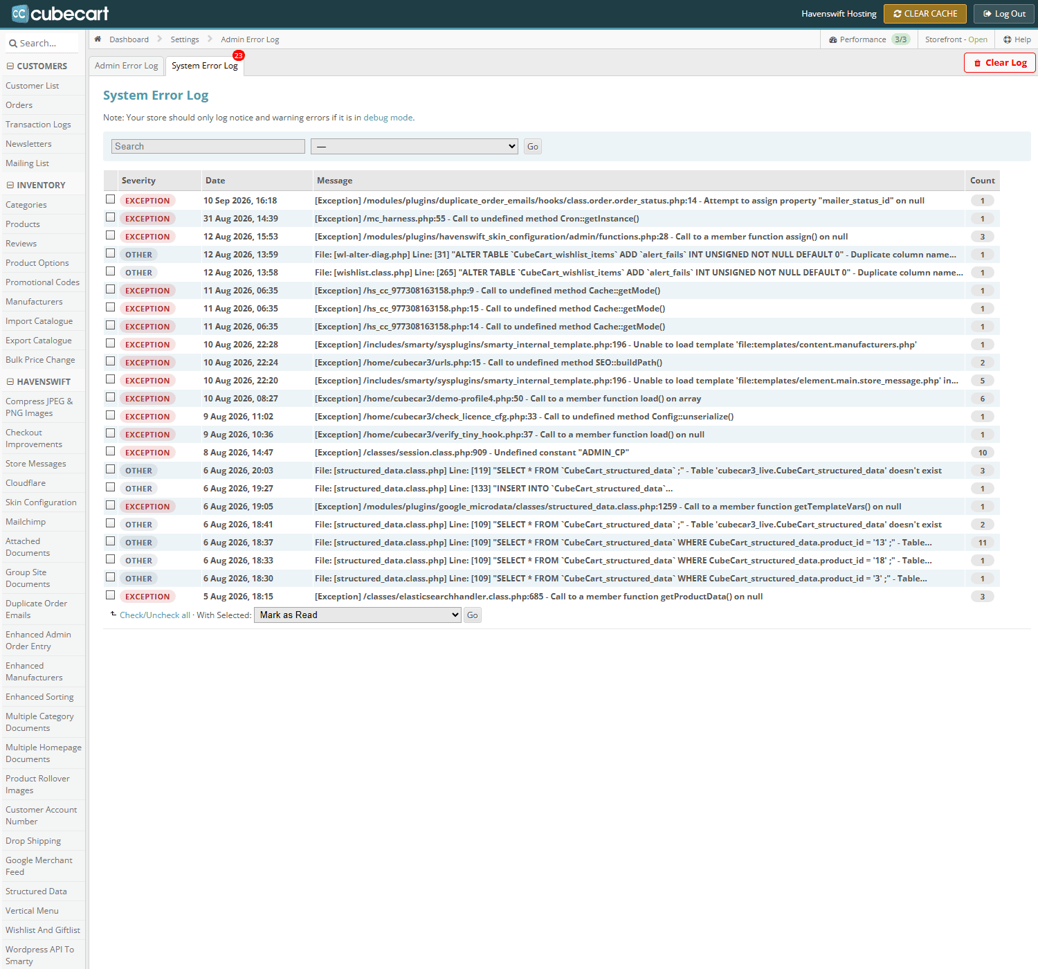 The error log in CubeCart admin, with its Admin and System tabs. The count on the tab is unread entries
