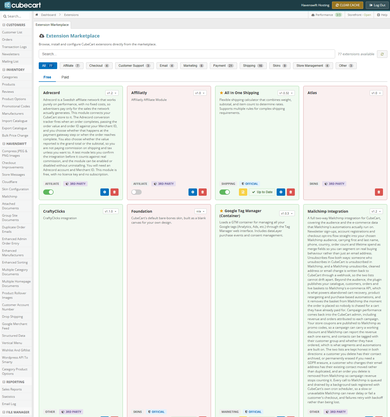 Manage Extensions in CubeCart admin. Payment gateways are listed under the Payment category, each with its own settings