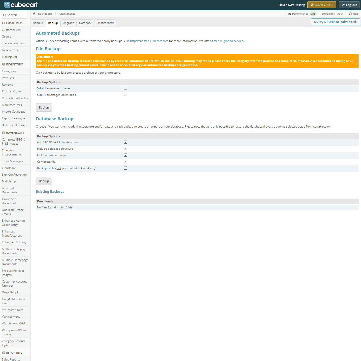 Maintenance, Backup tab. File backup and database backup are separate jobs, and you need both