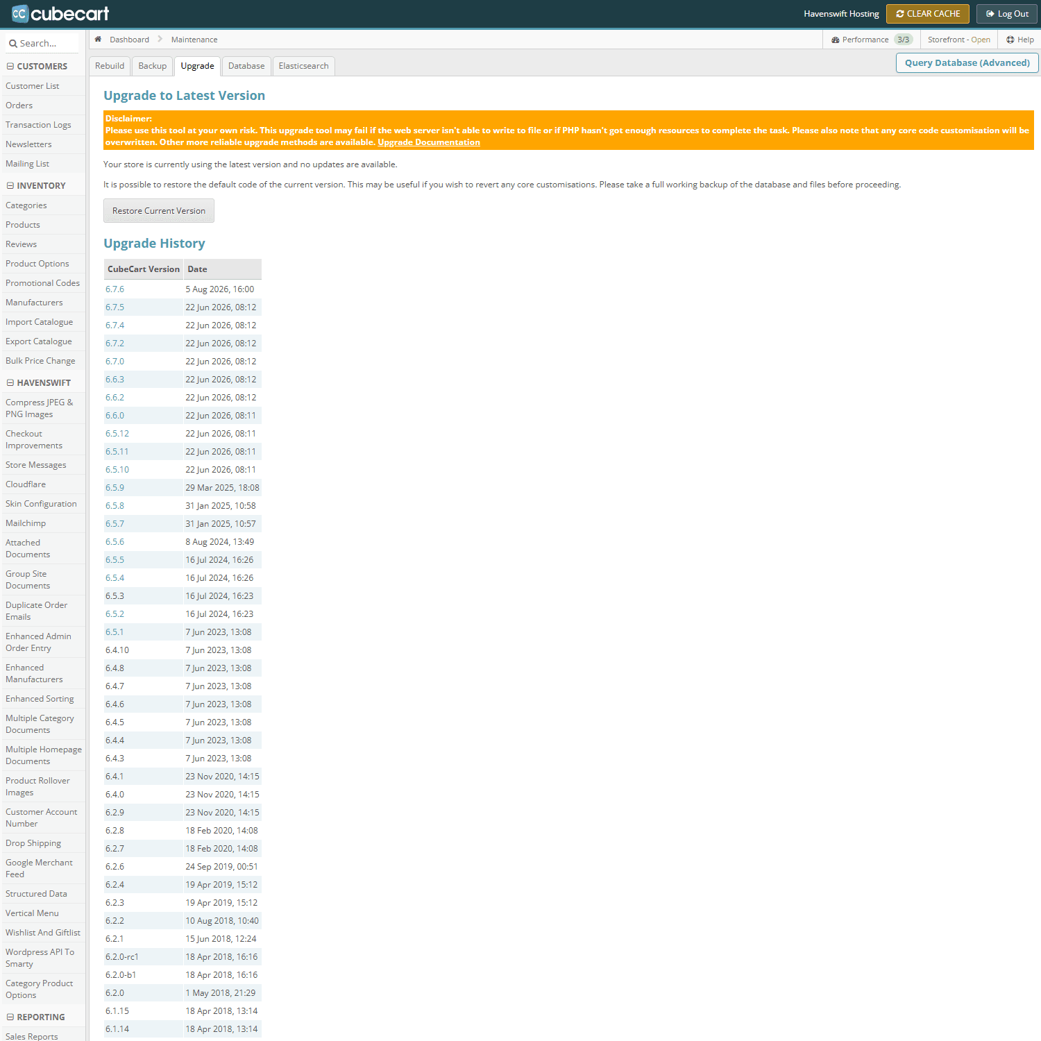 Maintenance, Upgrade tab: the version the store is on, and every upgrade it has had