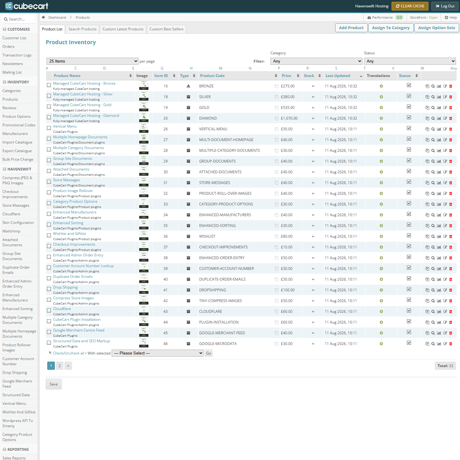 The product list, with the category filter and the Status column that decides whether a customer can see a product
