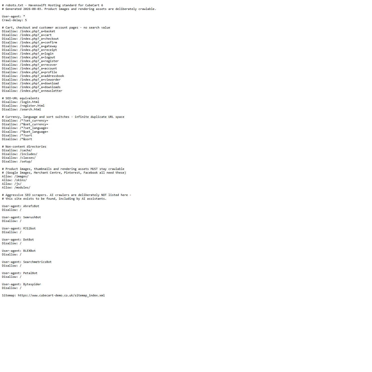 A working robots.txt for a CubeCart store: basket, checkout and account pages blocked, product images and skin assets left crawlable