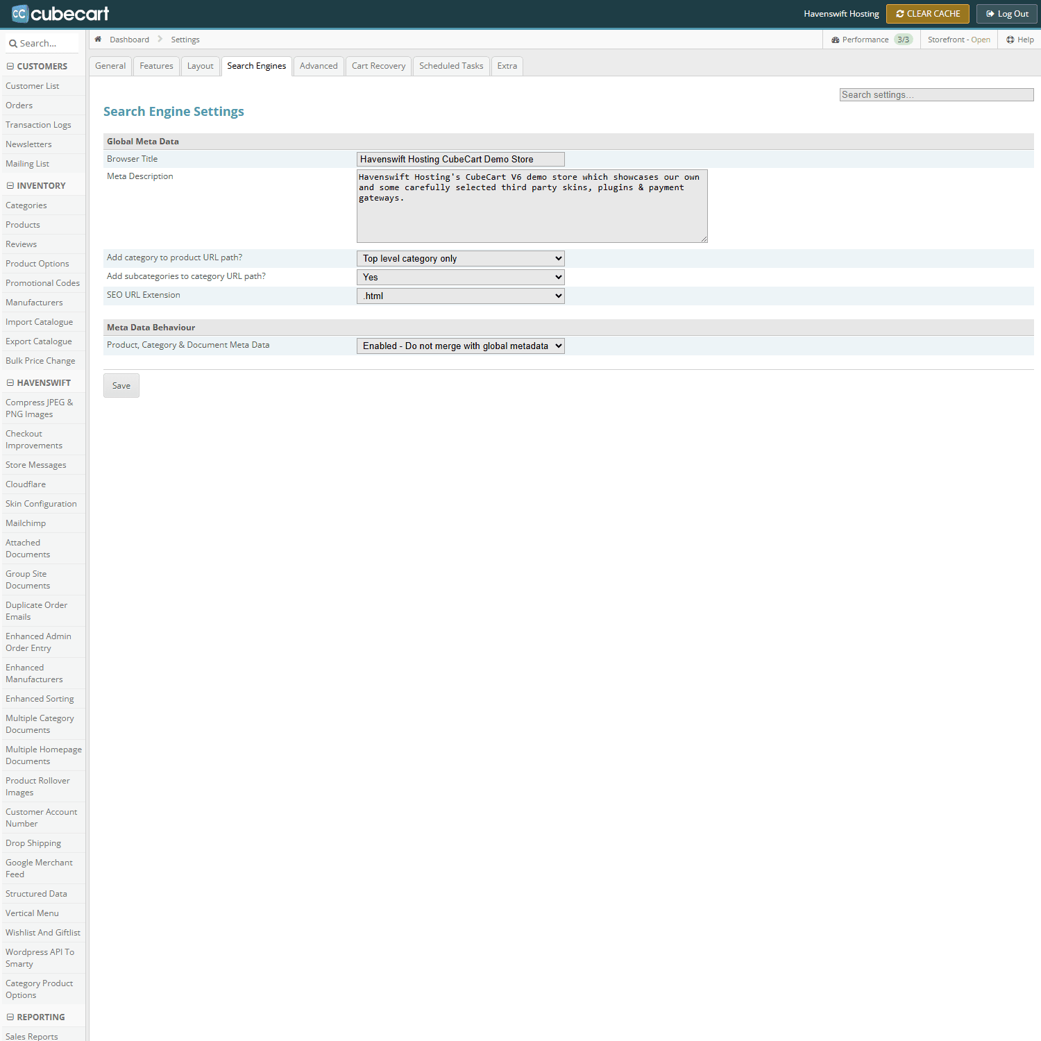 Store Settings, Search Engines tab, where search engine friendly URLs and the URL extension are set