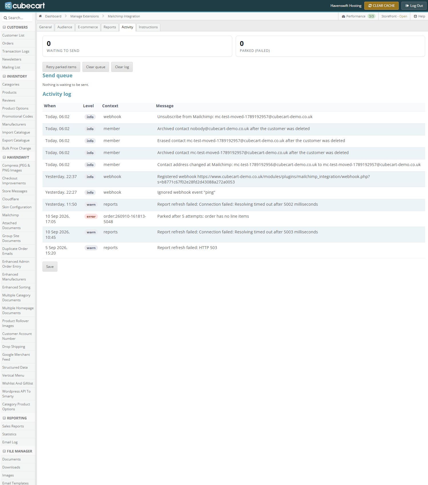 The Activity tab, showing the queue and the plugin activity log