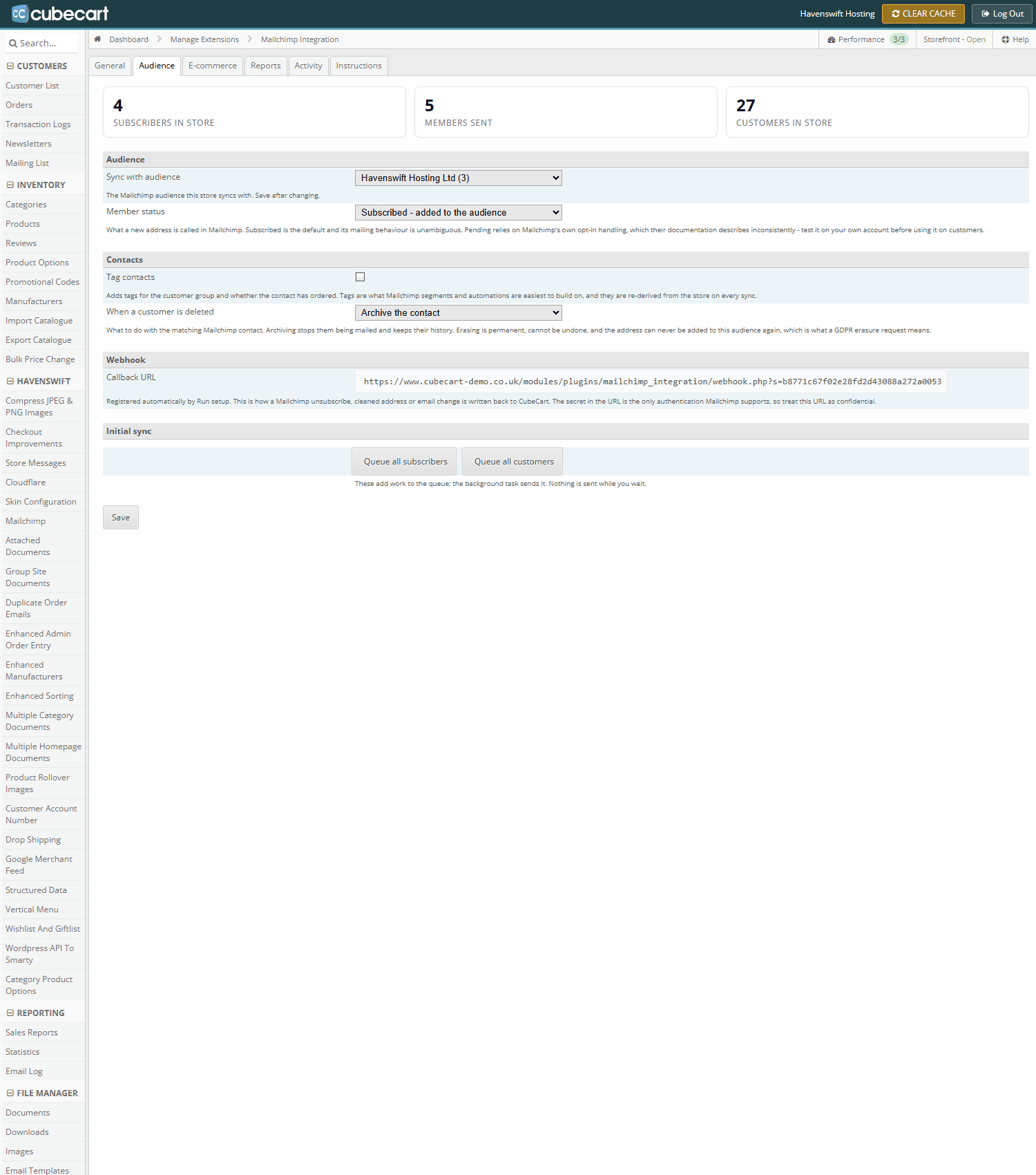 The Audience tab, showing audience selection, member status, tagging and the customer deletion choice