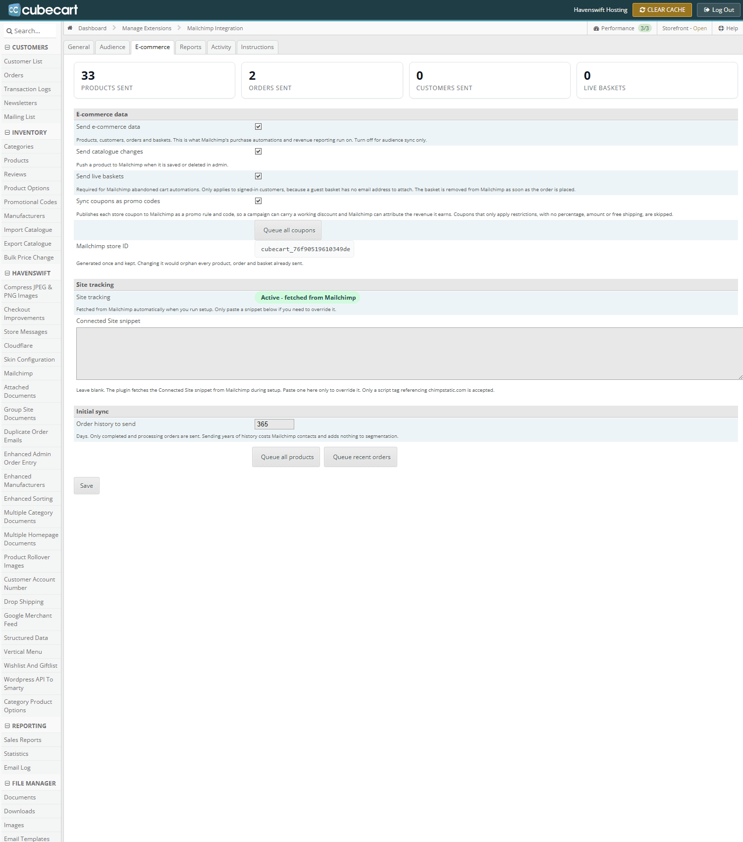 The E-commerce tab, showing sync toggles, coupon publishing and the queue buttons