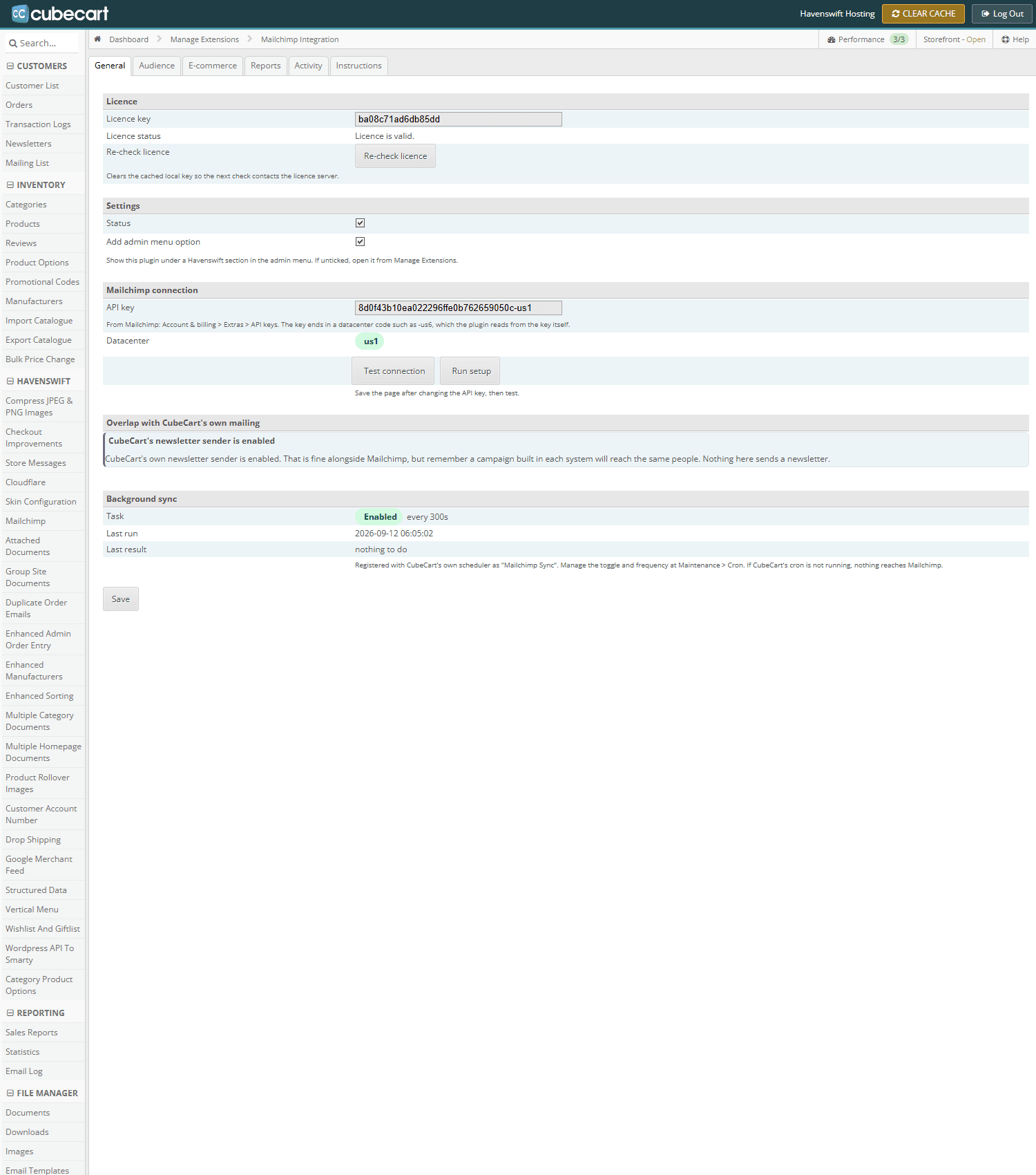 The General tab, showing the API key, licence key and connection test