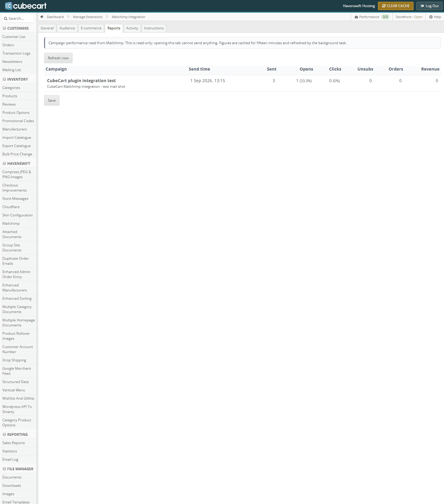The Reports tab, showing campaign performance including attributed orders and revenue