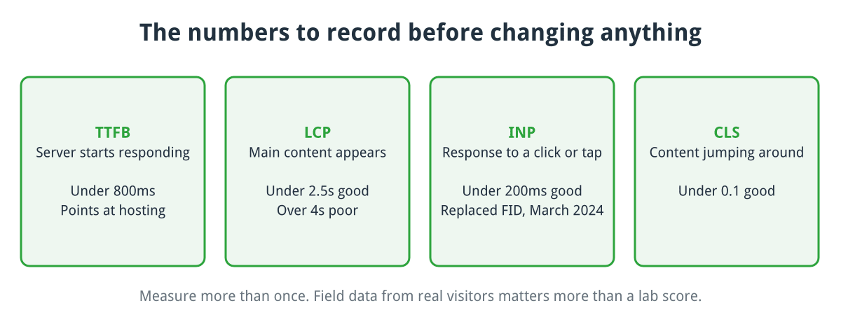 Diagram of the four measurements to record: TTFB under 800ms, LCP under 2.5 seconds, INP under 200ms and CLS under 0.1