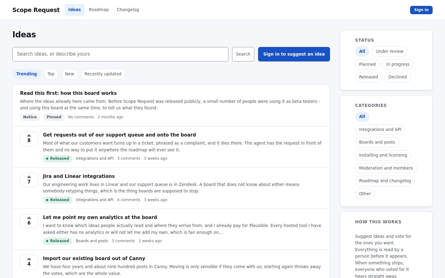 A feature request board listing ideas with vote counts, statuses and categories