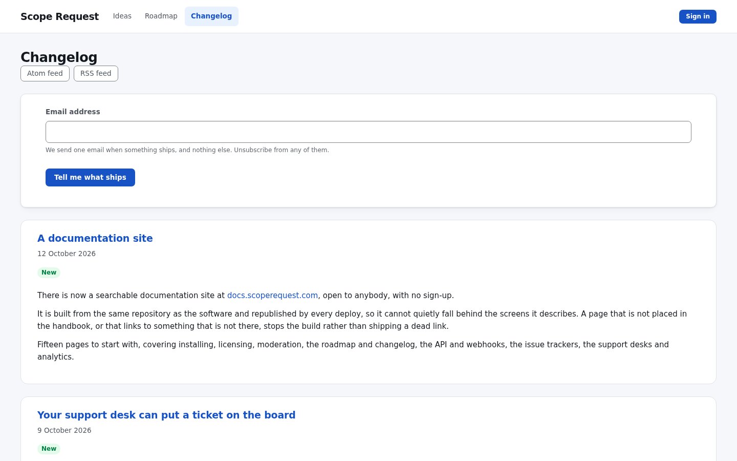 A changelog listing dated release notes with new and improved labels