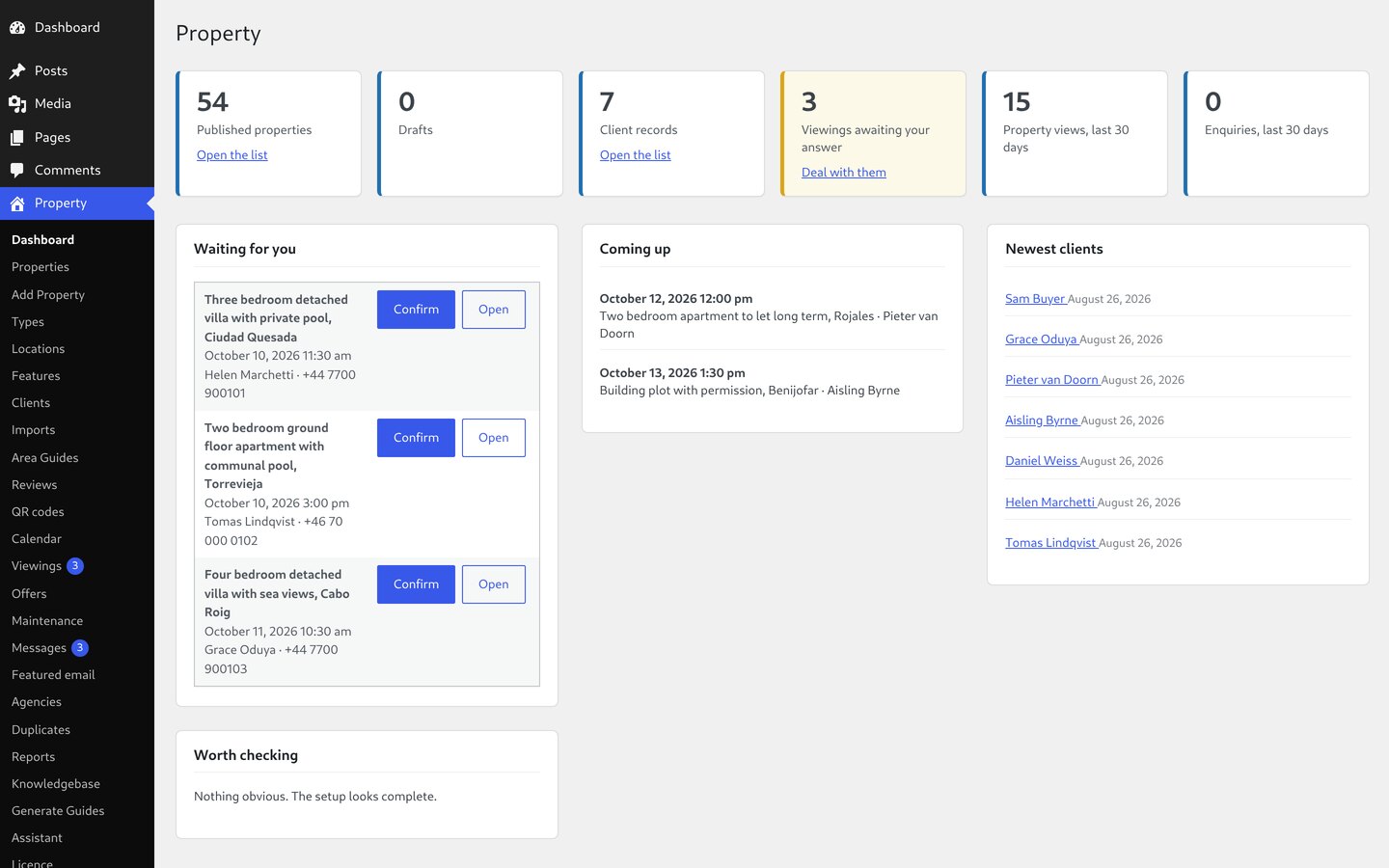 An agency dashboard showing viewings awaiting an answer, appointments coming up and recent clients