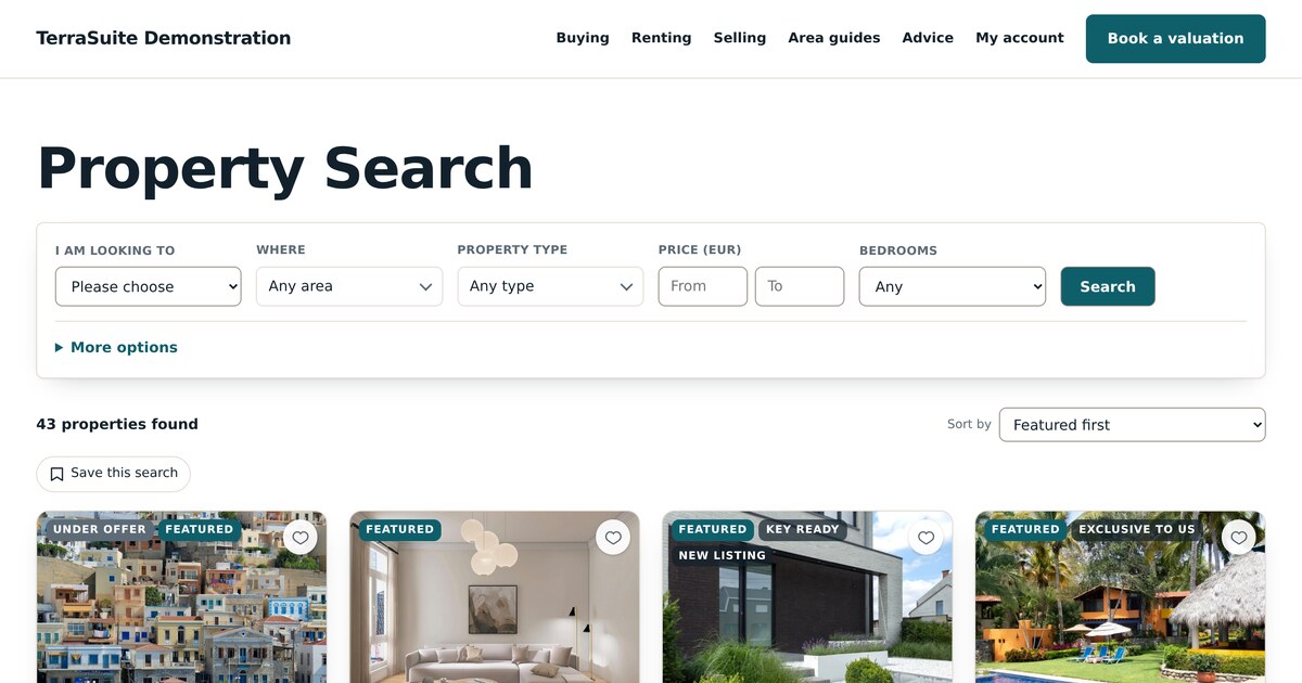 The TerraSuite property search page, listing homes with prices and photographs