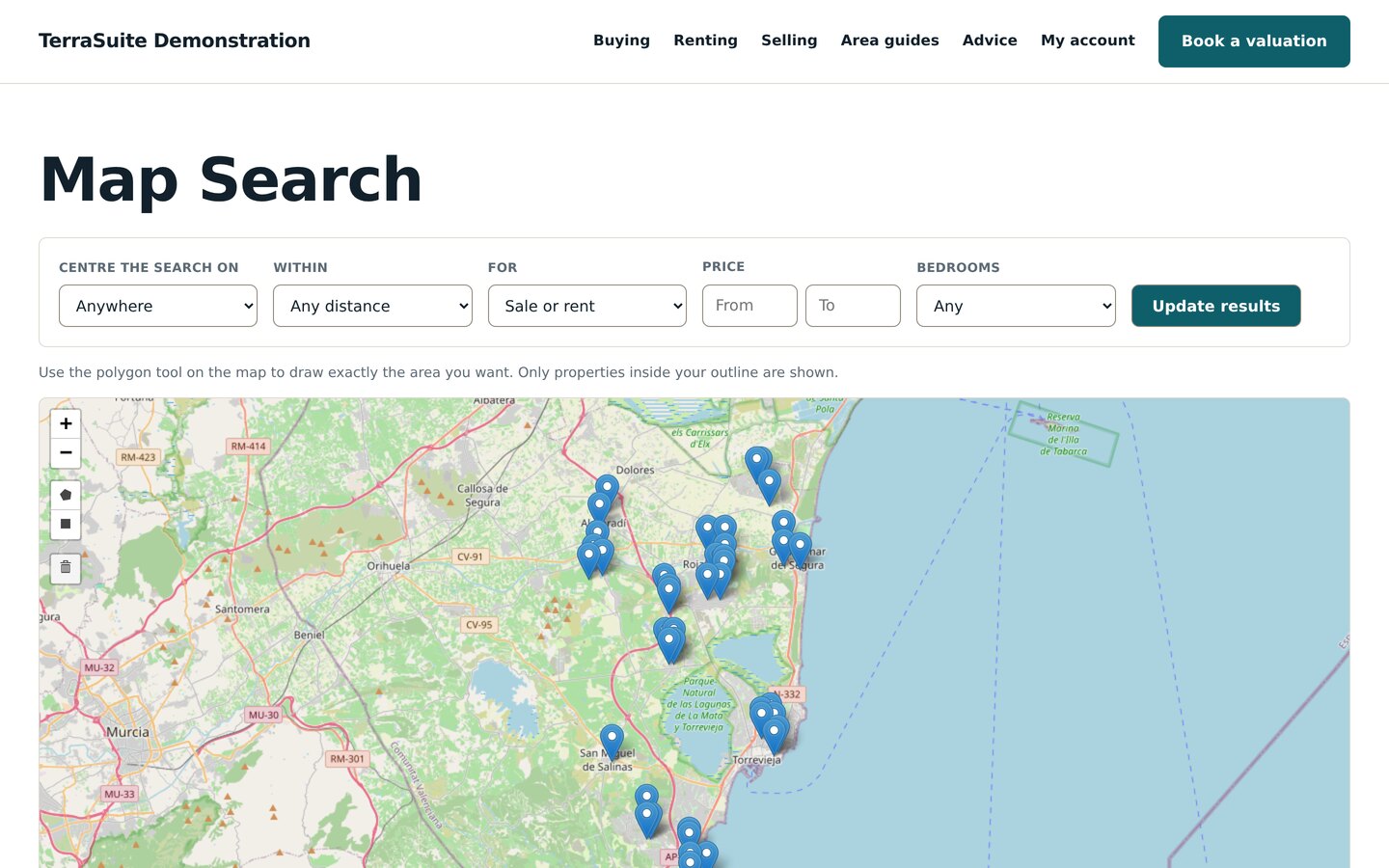A map of the Costa Blanca with property pins and a tool for drawing a search area
