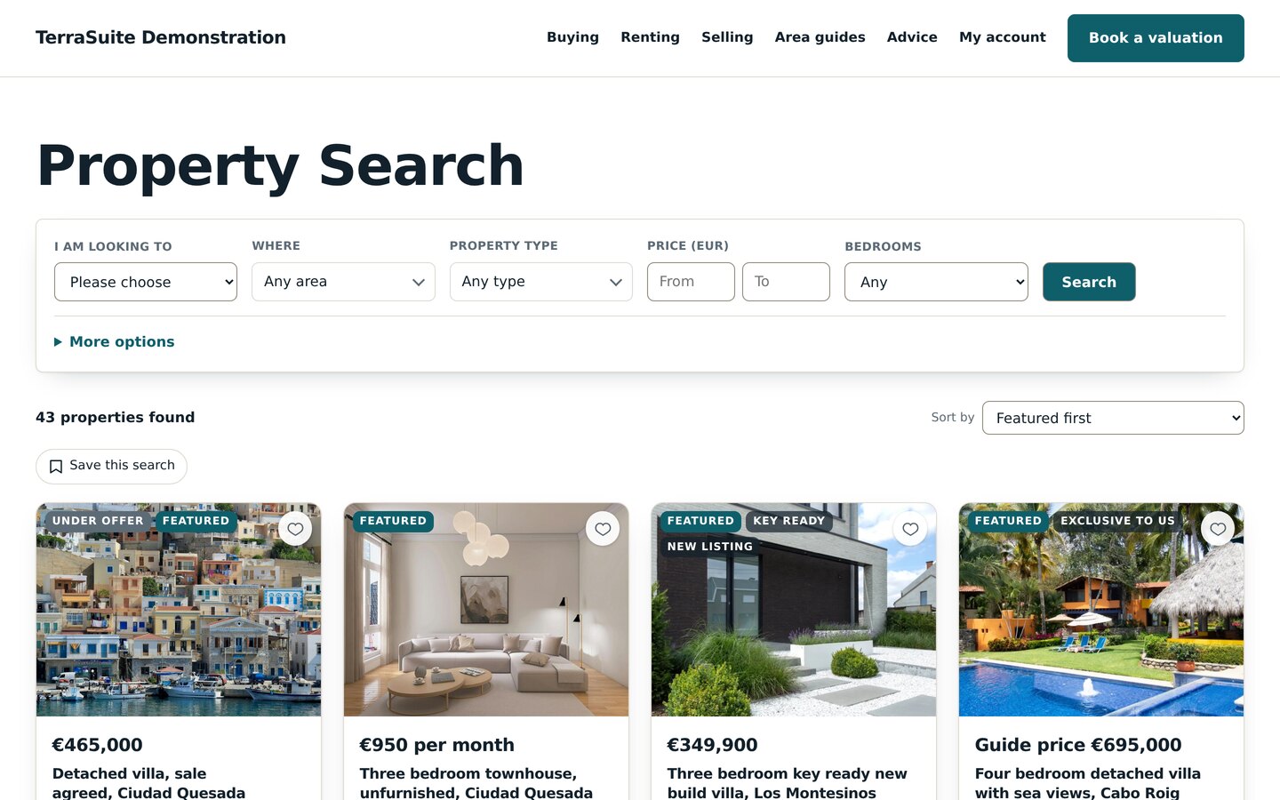 A property search page listing homes with prices, photographs and status flags